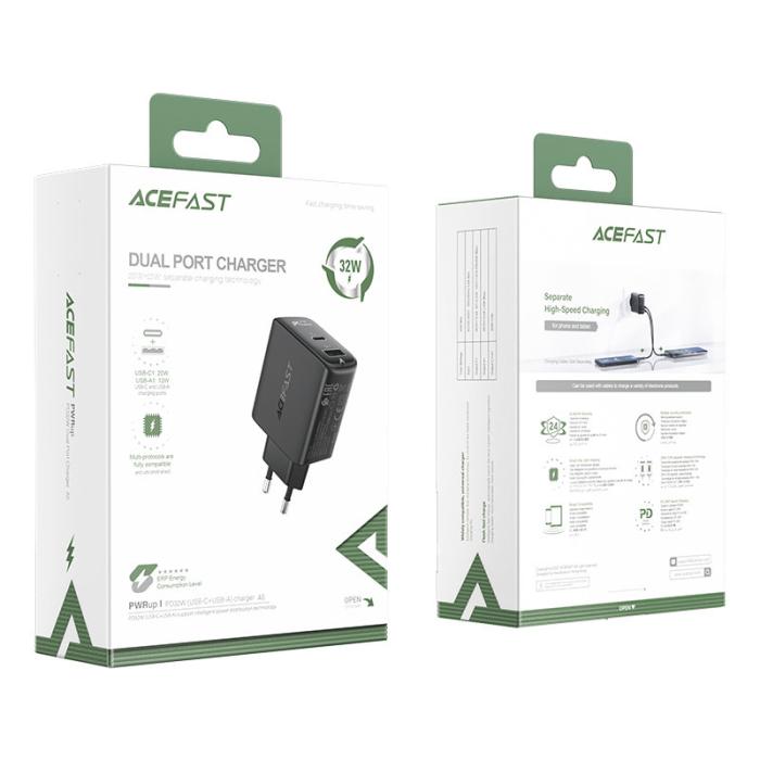 Bild 5, Acefast Acefast 32W PD PPS QC USB-C / USB-A Väggladdare Svart - Teknikhallen.se