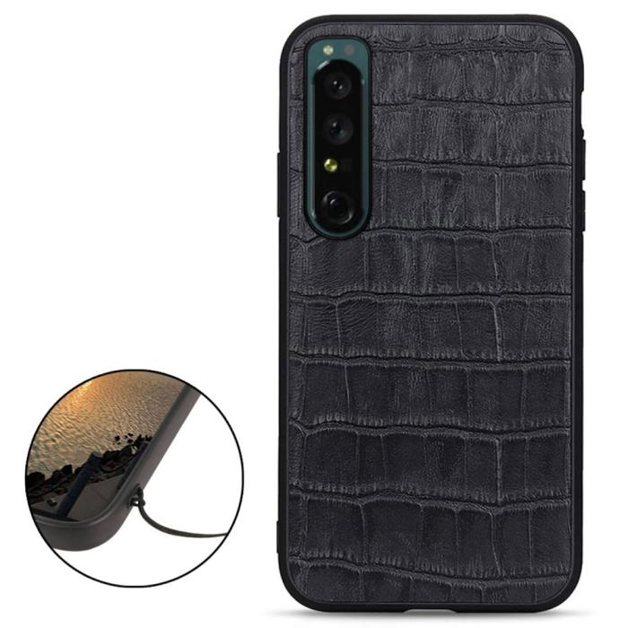Bild 2,  Sony Xperia 1 IV Skal Äkta Läder Krokodil Textur Svart - Teknikhallen.se