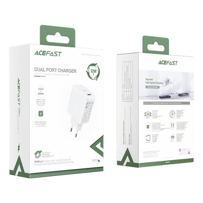 Bild 3, Acefast Acefast 32W PD PPS QC USB-C / USB-A Väggladdare Vit - Teknikhallen.se