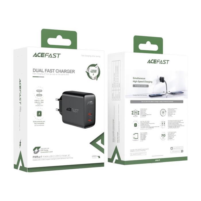 Bild 5, Acefast Acefast 40W PD QC PPS 2x USB-C Väggladdare Svart - Teknikhallen.se