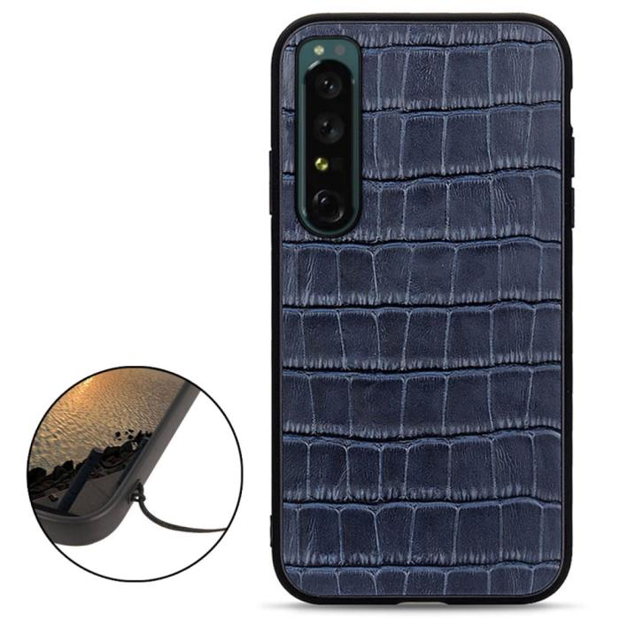 Bild 2,  Sony Xperia 1 IV Skal Äkta Läder Krokodil Textur Blå - Teknikhallen.se