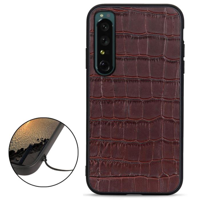 Bild 2,  Sony Xperia 1 IV Skal Äkta Läder Krokodil Textur Brun - Teknikhallen.se