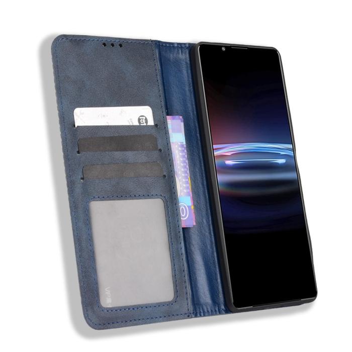 Bild 4,  Sony Xperia Pro-I Fodral Retro Flip Läder Blå - Teknikhallen.se