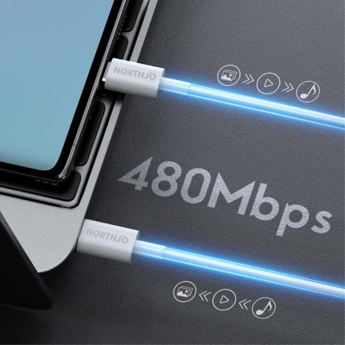 Bild 3, NORTHJO NORTHJO 1m 100W PD USB-C - USB-C Snabbladdnings Kabel Vit - Teknikhallen.se