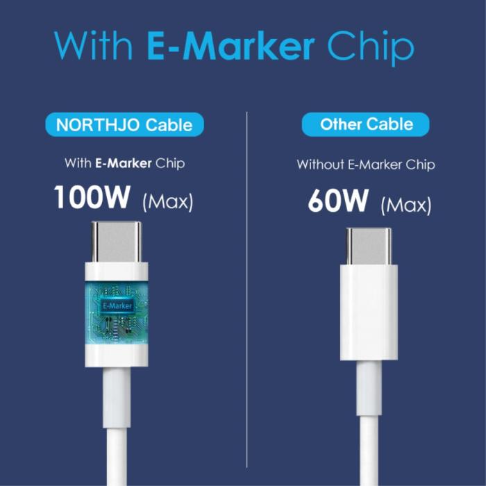 Bild 5, NORTHJO NORTHJO 1m 100W PD USB-C - USB-C Snabbladdnings Kabel Vit - Teknikhallen.se