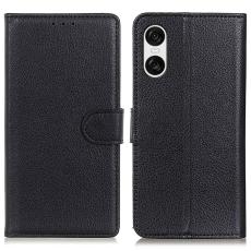  Sony Xperia 10 VI Litchi L&auml;der Fodral Svart - Teknikhallen.se