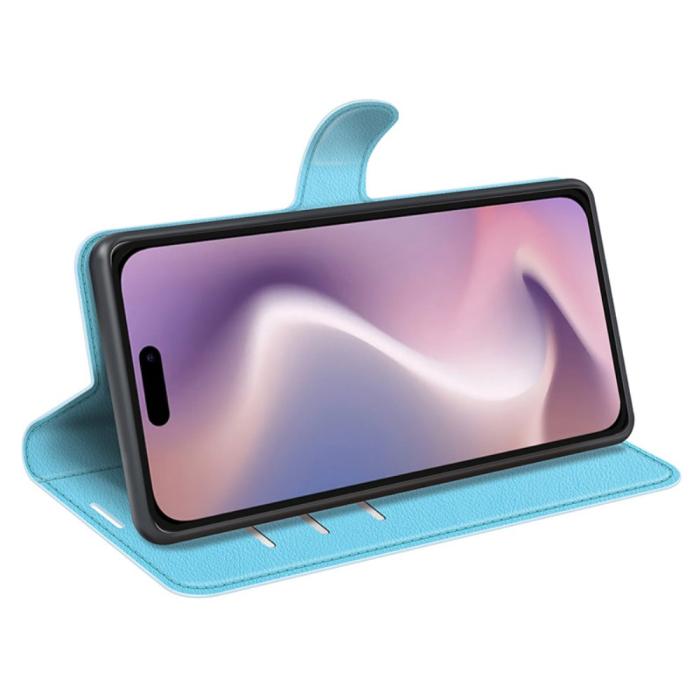 Bild 3,  iPhone 16 Plus Fodral Litchi Läder Blå - Teknikhallen.se