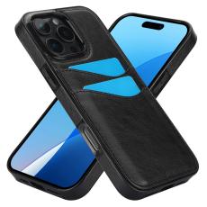  iPhone 16 Pro Skal Med Kortfack L&auml;der Svart - Teknikhallen.se