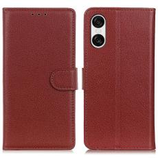  Sony Xperia 10 VI Litchi L&auml;der Fodral Brun - Teknikhallen.se