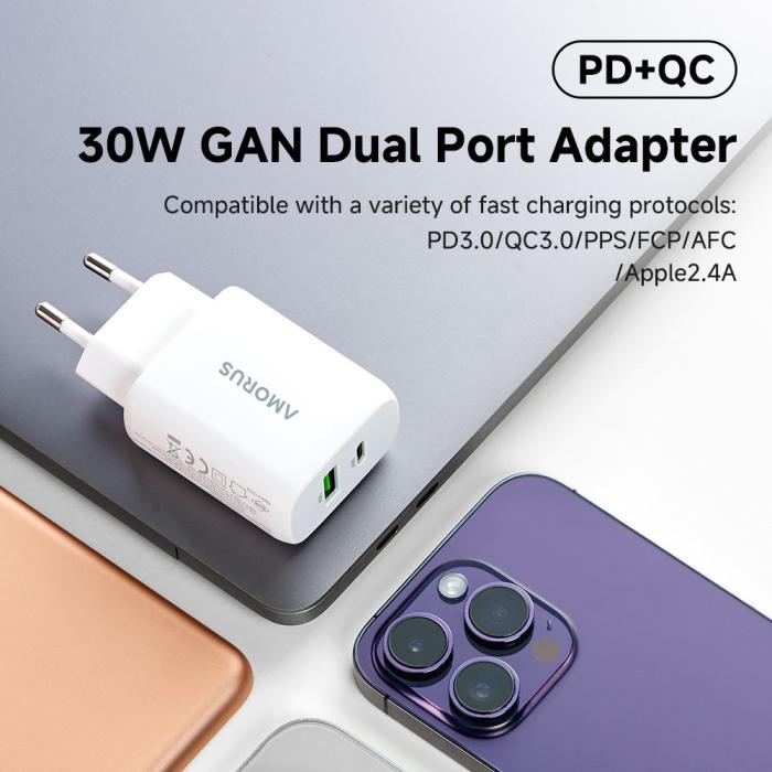 Bild 6, AMORUS Amorus 30W GaN PD QC USB-C / USB-A Väggladdare Vit - Teknikhallen.se