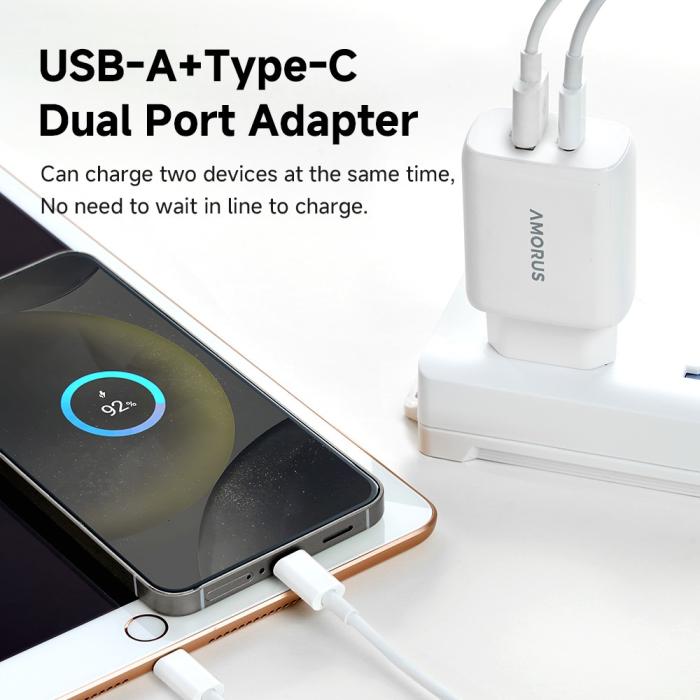 Bild 7, AMORUS Amorus 30W GaN PD QC USB-C / USB-A Väggladdare Vit - Teknikhallen.se