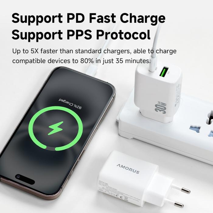 Bild 8, AMORUS Amorus 30W GaN PD QC USB-C / USB-A Väggladdare Vit - Teknikhallen.se