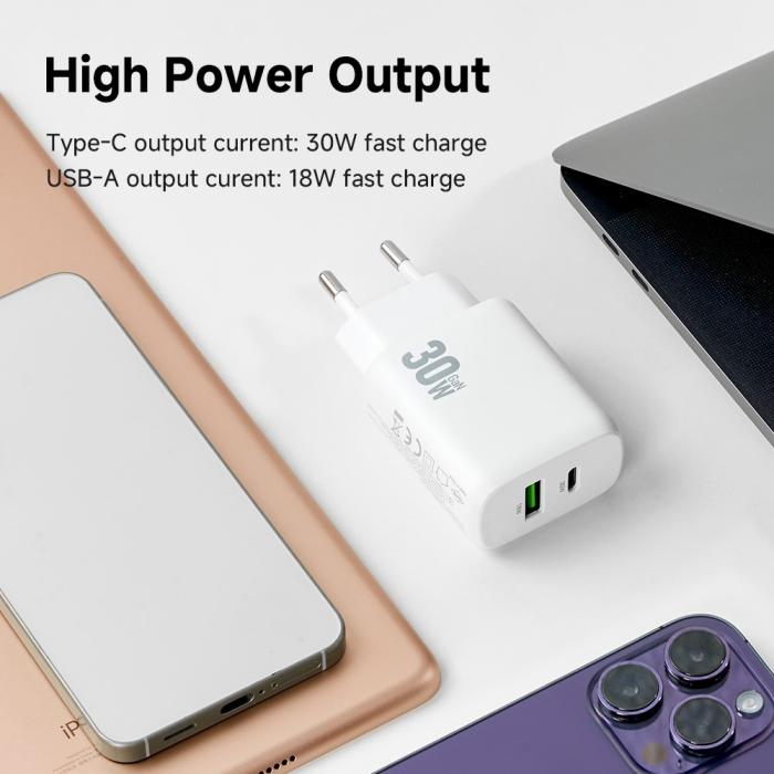 Bild 9, AMORUS Amorus 30W GaN PD QC USB-C / USB-A Väggladdare Vit - Teknikhallen.se