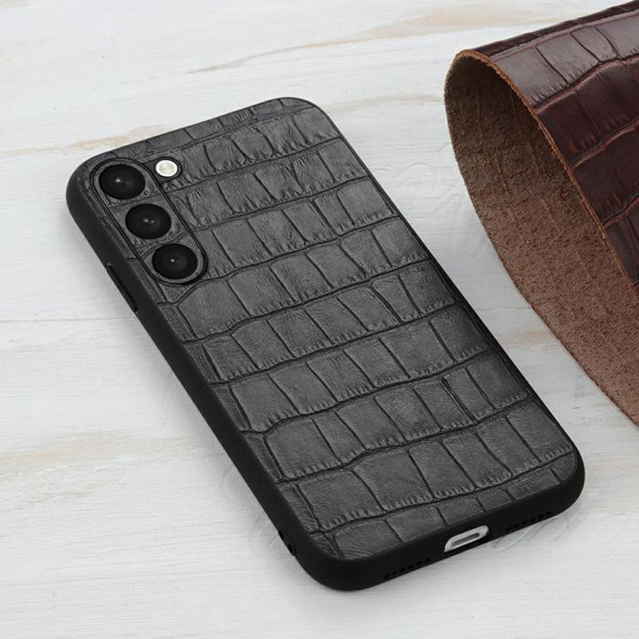Bild 3,  Samsung Galaxy S23 Plus Skal Äkta Läder Krokodil Textur Svart - Teknikhallen.se