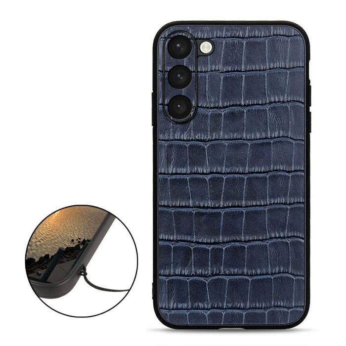 Bild 2,  Samsung Galaxy S23 Plus Skal Äkta Läder Krokodil Textur Blå - Teknikhallen.se