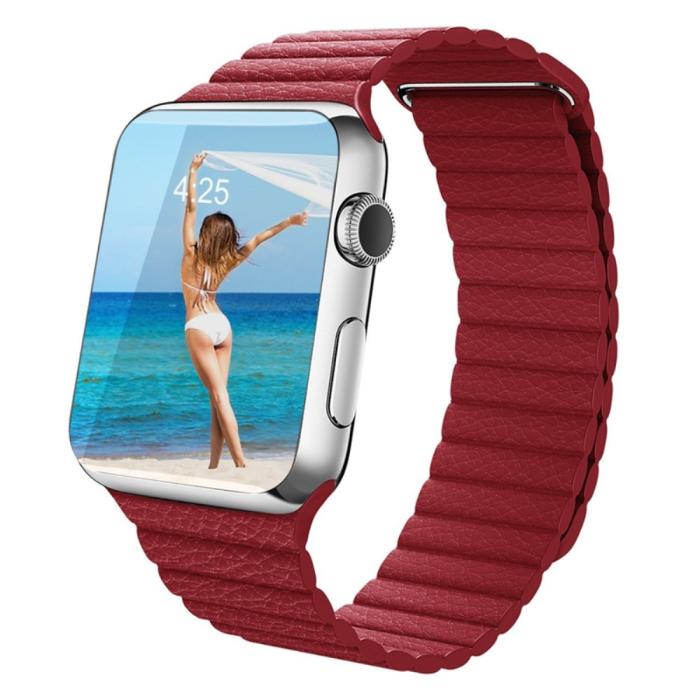 Bild 2,  Magnetisk Loop Armband I Äkta Läder Apple Watch 42/41/40/38 mm Röd - Teknikhallen.se