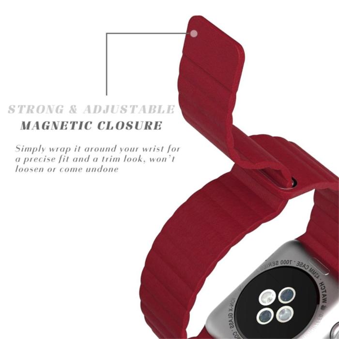 Bild 4,  Magnetisk Loop Armband I Äkta Läder Apple Watch 42/41/40/38 mm Röd - Teknikhallen.se