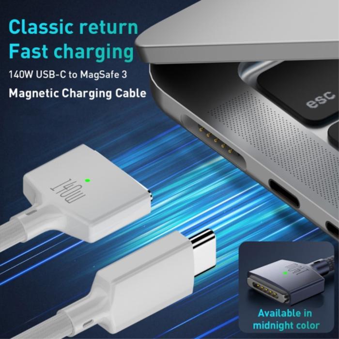 Bild 5,  2m 140W PD USB-C - MagSafe 3 Magnetisk Nylon Kabel Blå - Teknikhallen.se