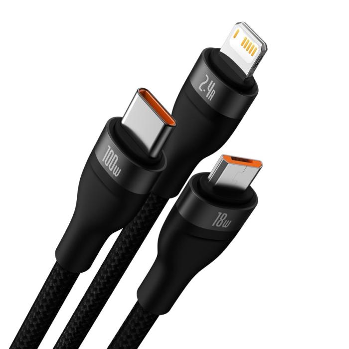 Bild 2, BASEUS BASEUS 1.2 m 100W 3in1 USB-C/Lightning/MicroUSB Svart - Teknikhallen.se