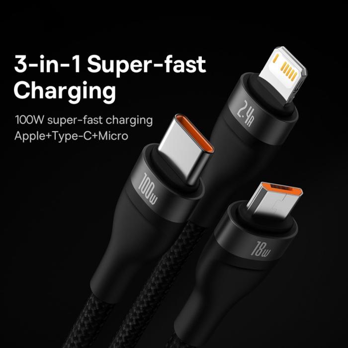 Bild 4, BASEUS BASEUS 1.2 m 100W 3in1 USB-C/Lightning/MicroUSB Svart - Teknikhallen.se