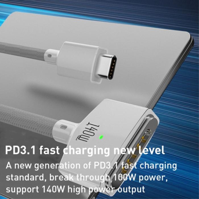 Bild 6,  2m 140W PD USB-C - MagSafe 3 Magnetisk Nylon Kabel Blå - Teknikhallen.se