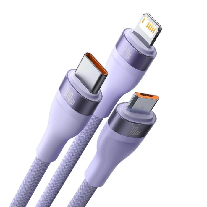 Bild 2, BASEUS BASEUS 1.2 m 100W 3in1 USB-C/Lightning/MicroUSB Lila - Teknikhallen.se