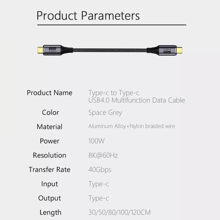 Bild 6,  50cm 100W PD Thunderbolt 3/4 Kabel USB-C - USB-C 8K/60Hz Svart - Teknikhallen.se