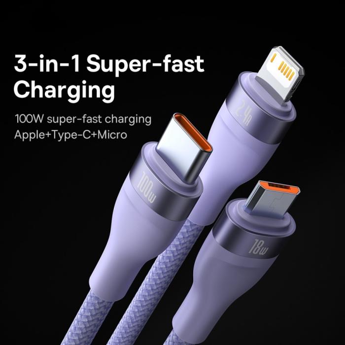 Bild 4, BASEUS BASEUS 1.2 m 100W 3in1 USB-C/Lightning/MicroUSB Lila - Teknikhallen.se