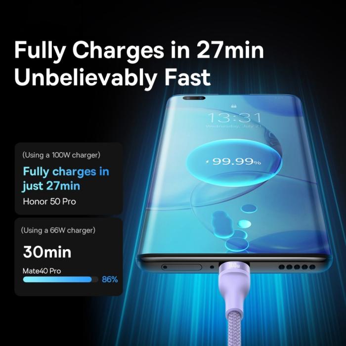 Bild 5, BASEUS BASEUS 1.2 m 100W 3in1 USB-C/Lightning/MicroUSB Lila - Teknikhallen.se