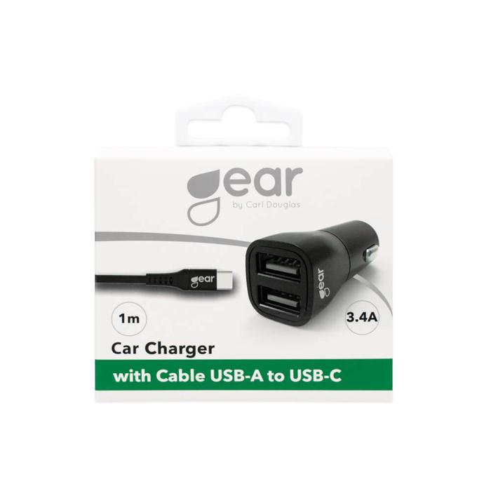Bild 2, Gear GEAR Billaddare 2xUSB 3.4A USB-C Kabel 1m Svart - Teknikhallen.se
