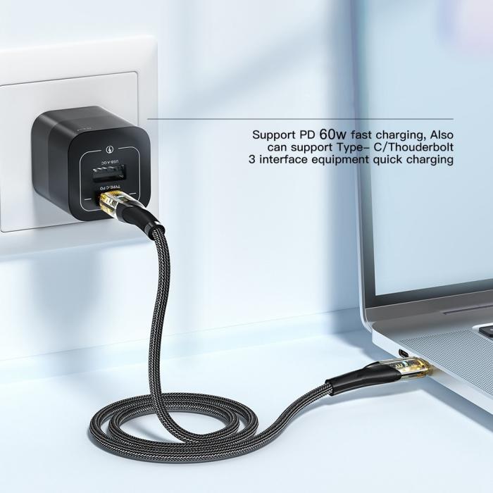 Bild 3, ESSAGER ESSAGER 1m 60W PD USB-C - USB-C Kabel Svart - Teknikhallen.se