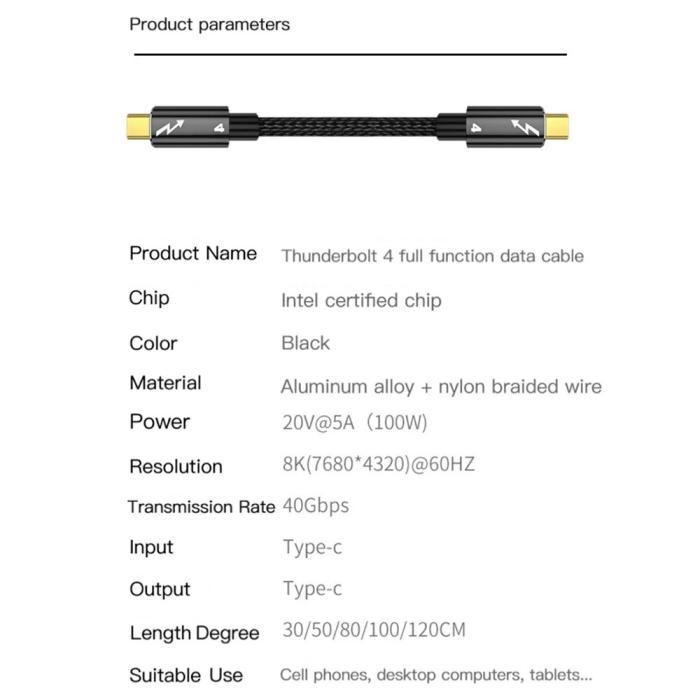 Bild 5,  Thunderbolt 4 Kabel 80cm USB-C 100W 8K 60Hz PD Svart - Teknikhallen.se