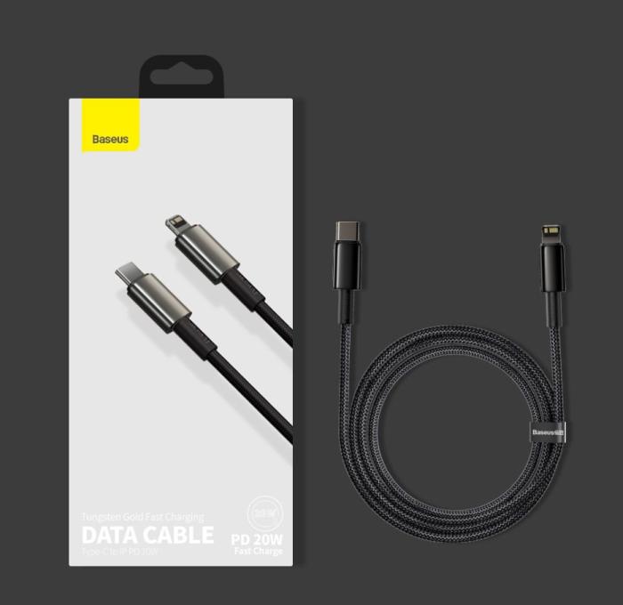 Bild 5, BASEUS Baseus 2m 20W PD USB-C - Lightning Flätad Nylon Kabel - Svart - Teknikhallen.se