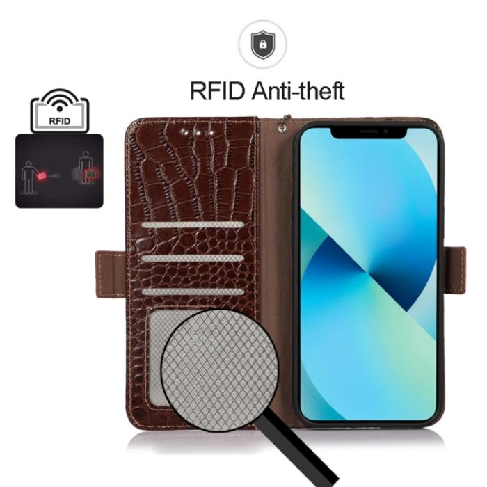 Bild 4,  iPhone 15 Pro Fodral Läder Krokodil Textur Brun - Teknikhallen.se
