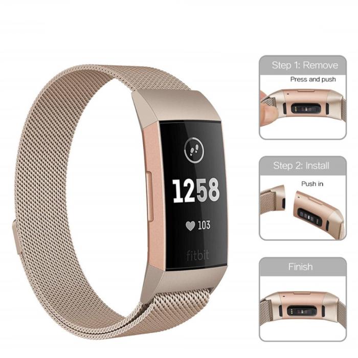 Bild 2,  Milanese Loop Metall Armband Fitbit Charge 4/3 Champagne Guld - Teknikhallen.se