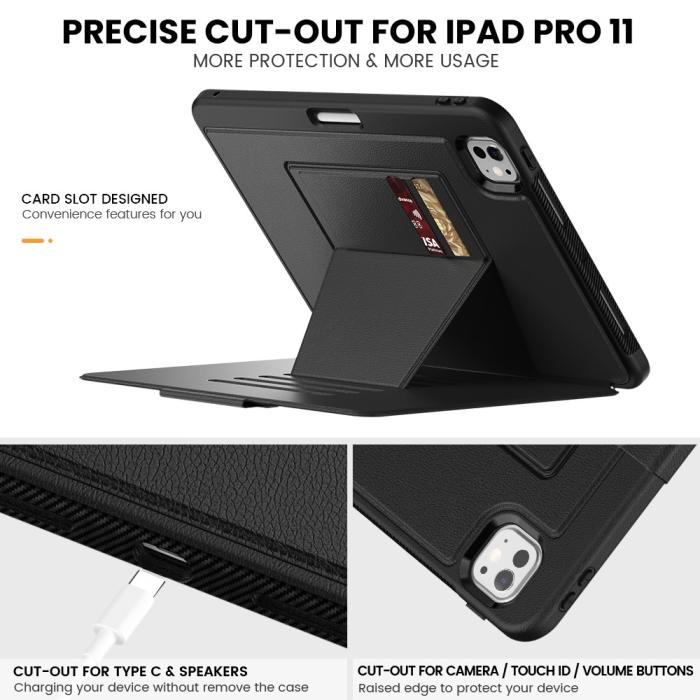 Bild 5,  iPad Pro 11 2025/2024 Fodral Läder Kickstand Korthållare Svart - Teknikhallen.se