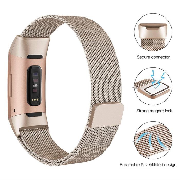 Bild 6,  Milanese Loop Metall Armband Fitbit Charge 4/3 Champagne Guld - Teknikhallen.se