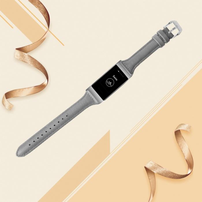 Bild 3,  Äkta Läder Armband Fitbit Charge 4/3 Grå - Teknikhallen.se