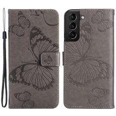 Samsung Galaxy S22 Plus Fodral Fj&auml;rilar Tryckt L&auml;der Gr&aring; - Teknikhallen.se