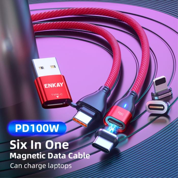 Bild 2, ENKAY ENKAY 2 m 6in1 PD 100W USB-C/USB-A - USB-C/Lightning/MicroUSB - Teknikhallen.se