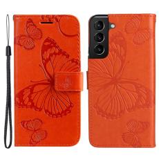  Samsung Galaxy S22 Plus Fodral Fj&auml;rilar Tryckt L&auml;der Orange - Teknikhallen.se