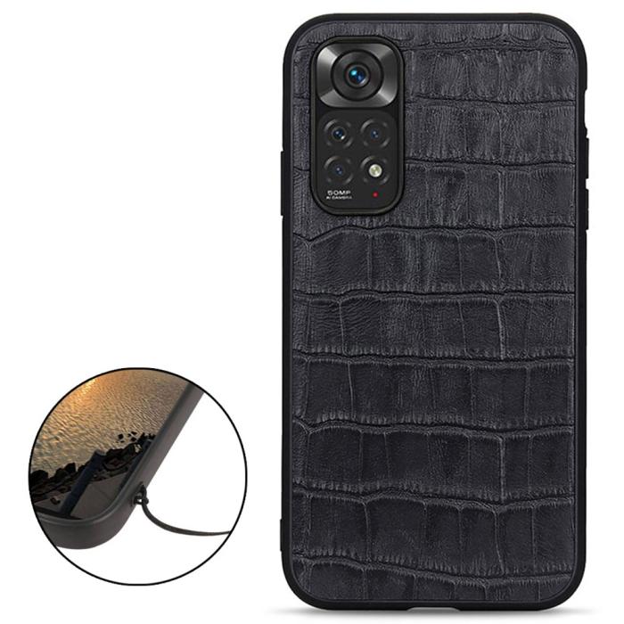 Bild 2,  Xiaomi Redmi Note 11 4G Skal Äkta Läder Krokodil Textur Svart - Teknikhallen.se