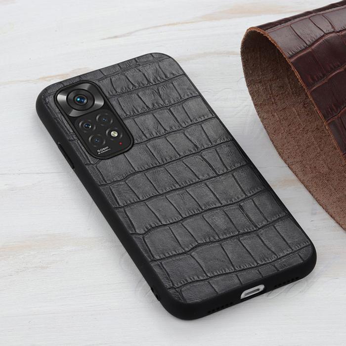 Bild 3,  Xiaomi Redmi Note 11 4G Skal Äkta Läder Krokodil Textur Svart - Teknikhallen.se