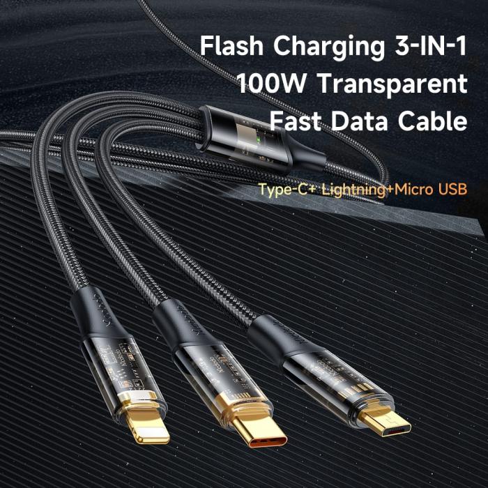 Bild 2, MCDODO Mcdodo 1.2m 100W 3in1 Lightning/USB-C/MicroUSB Svart - Teknikhallen.se
