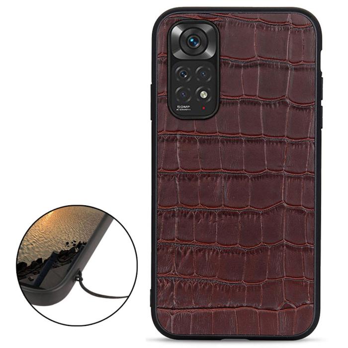 Bild 2,  Xiaomi Redmi Note 11 4G Skal Äkta Läder Krokodil Textur Brun - Teknikhallen.se