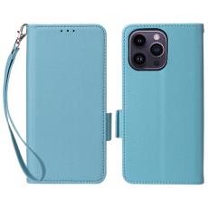  iPhone 15 Plus Fodral Litchi Textur Med Snodd Ljus Bl&aring; - Teknikhallen.se