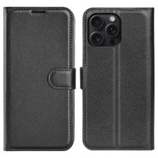  iPhone 16 Pro Fodral Litchi L&auml;der Svart - Teknikhallen.se