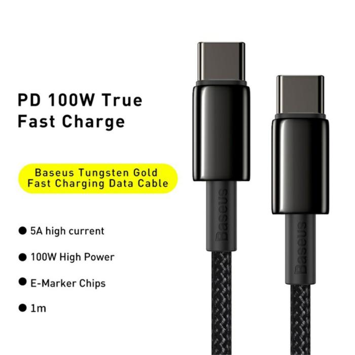 Bild 2, BASEUS Baseus 1m 100W USB-C - USB-C Kabel Tungsten Gold Series Svart - Teknikhallen.se