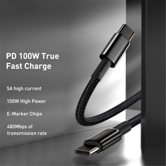 Bild 3, BASEUS Baseus 1m 100W USB-C - USB-C Kabel Tungsten Gold Series Svart - Teknikhallen.se