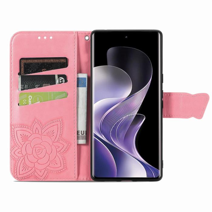 Bild 2,  Xiaomi Redmi Note 14 Pro 5G Fodral Läder Fjäril Tryck Rosa - Teknikhallen.se